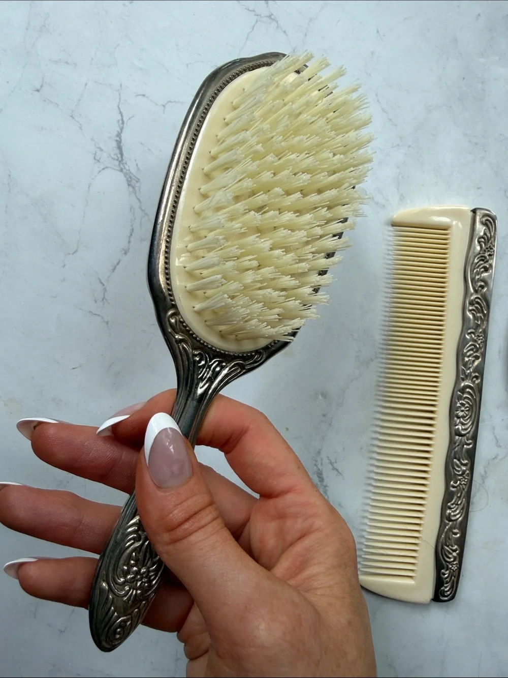 Vintage 3 PC Ornate Silverplated Vanity Hand Mirror, Brush & Comb Set